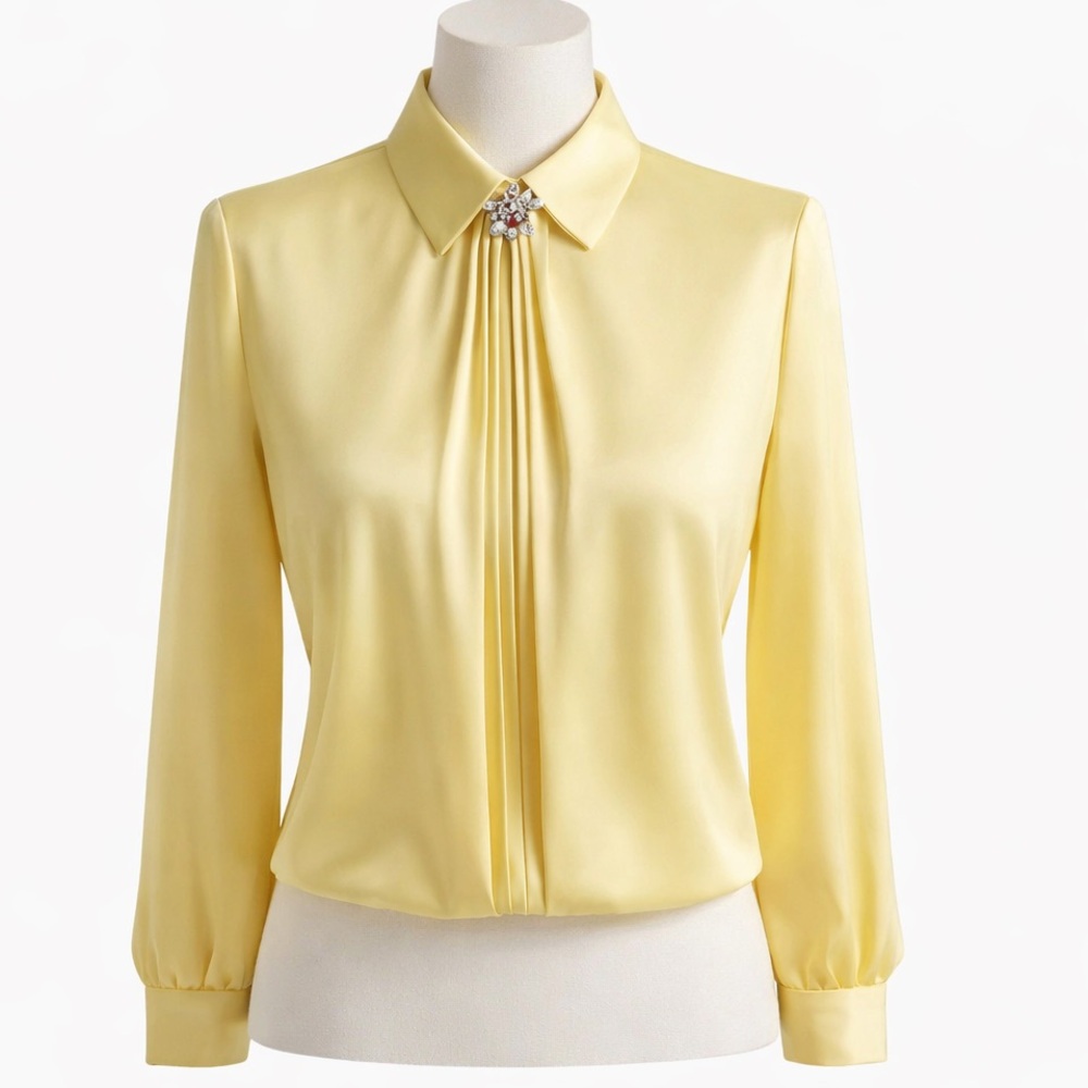 Elegant Pleated Satin Blouse w/ Brooch – Soft Yellow | Long Sleeve Luxe Top M